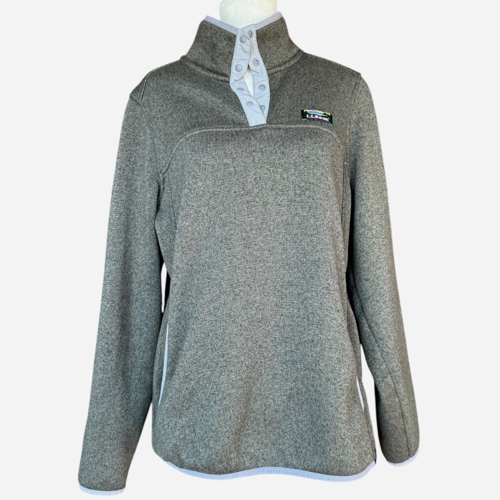LL Bean  Fleece Green Pocket High Snap Collar Pullover‎ Sz L